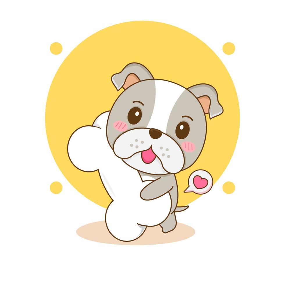 bouledogue mignon apporter illustration de personnage de dessin animé d'os vecteur