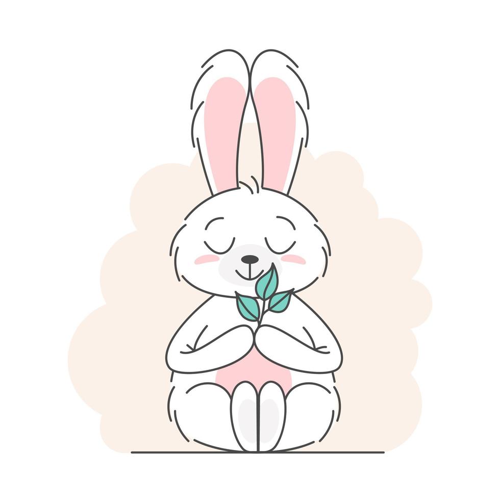 concept mignon de lapin, bébé et enfants. joyeux lapins de pâques poses différentes personnages de dessins animés. carte avec lapin mignon. lapin aux feuilles florales. conception pour bébé, affiche pour enfants, carte, invitation. vecteur