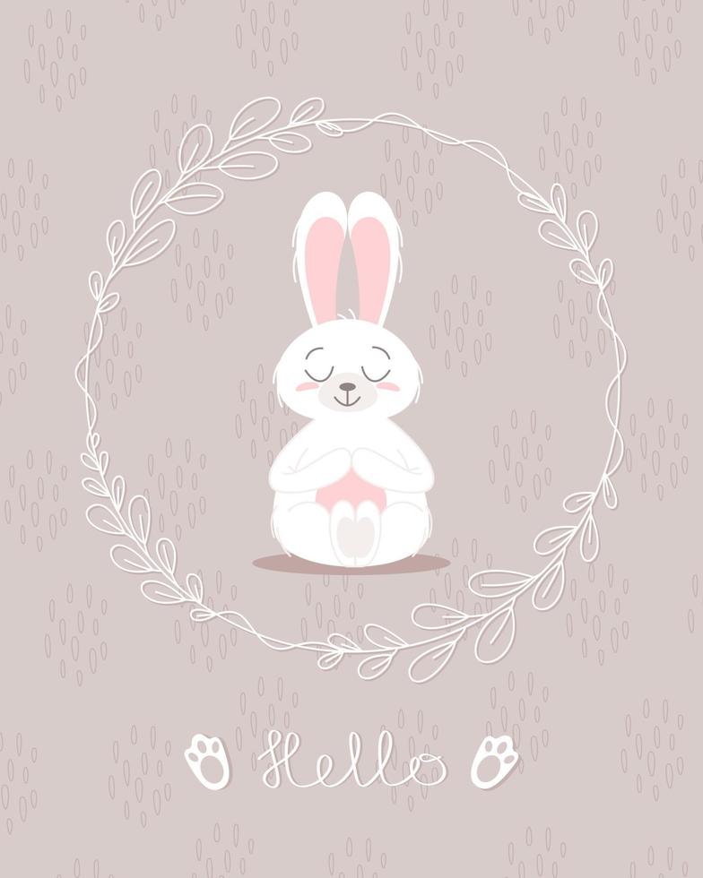 concept mignon de lapin, bébé et enfants. joyeux lapins de pâques poses différentes personnages de dessins animés. carte avec lapin mignon. lapin aux feuilles florales. conception pour bébé, affiche pour enfants, carte, invitation. vecteur