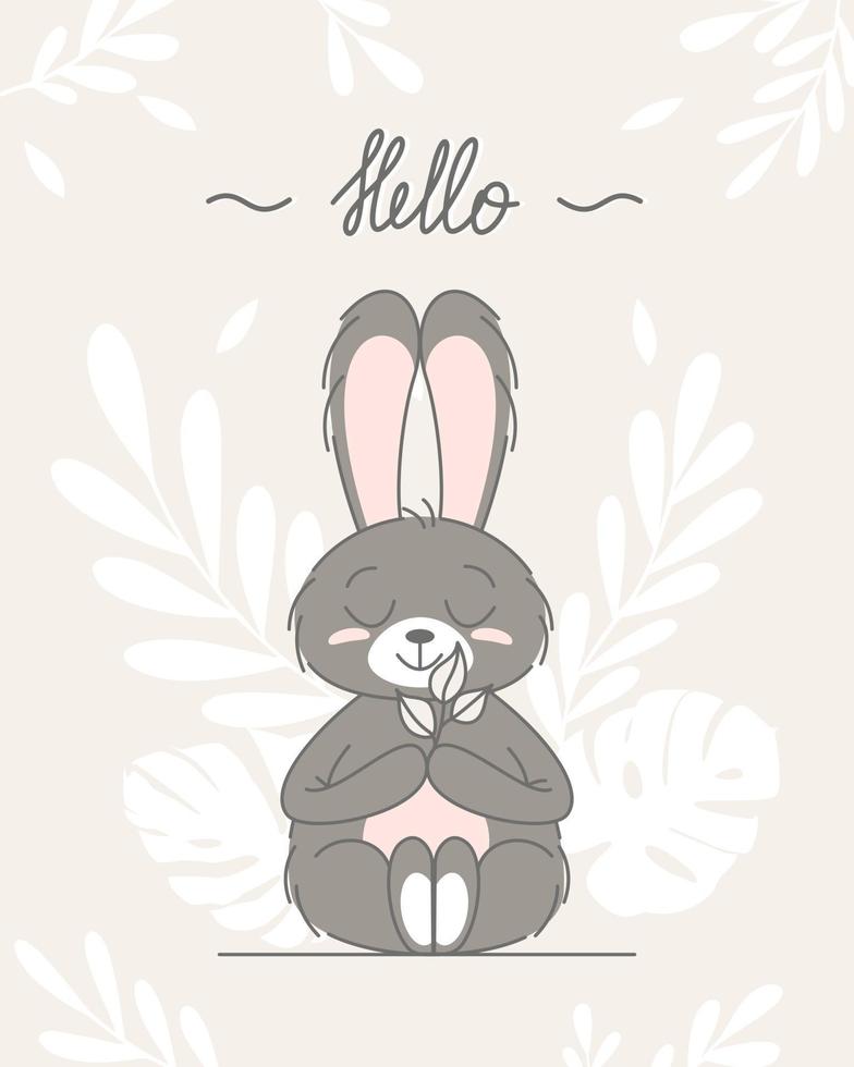 concept mignon de lapin, bébé et enfants. joyeux lapins de pâques poses différentes personnages de dessins animés. carte avec lapin mignon. lapin aux feuilles florales. conception pour bébé, affiche pour enfants, carte, invitation. vecteur