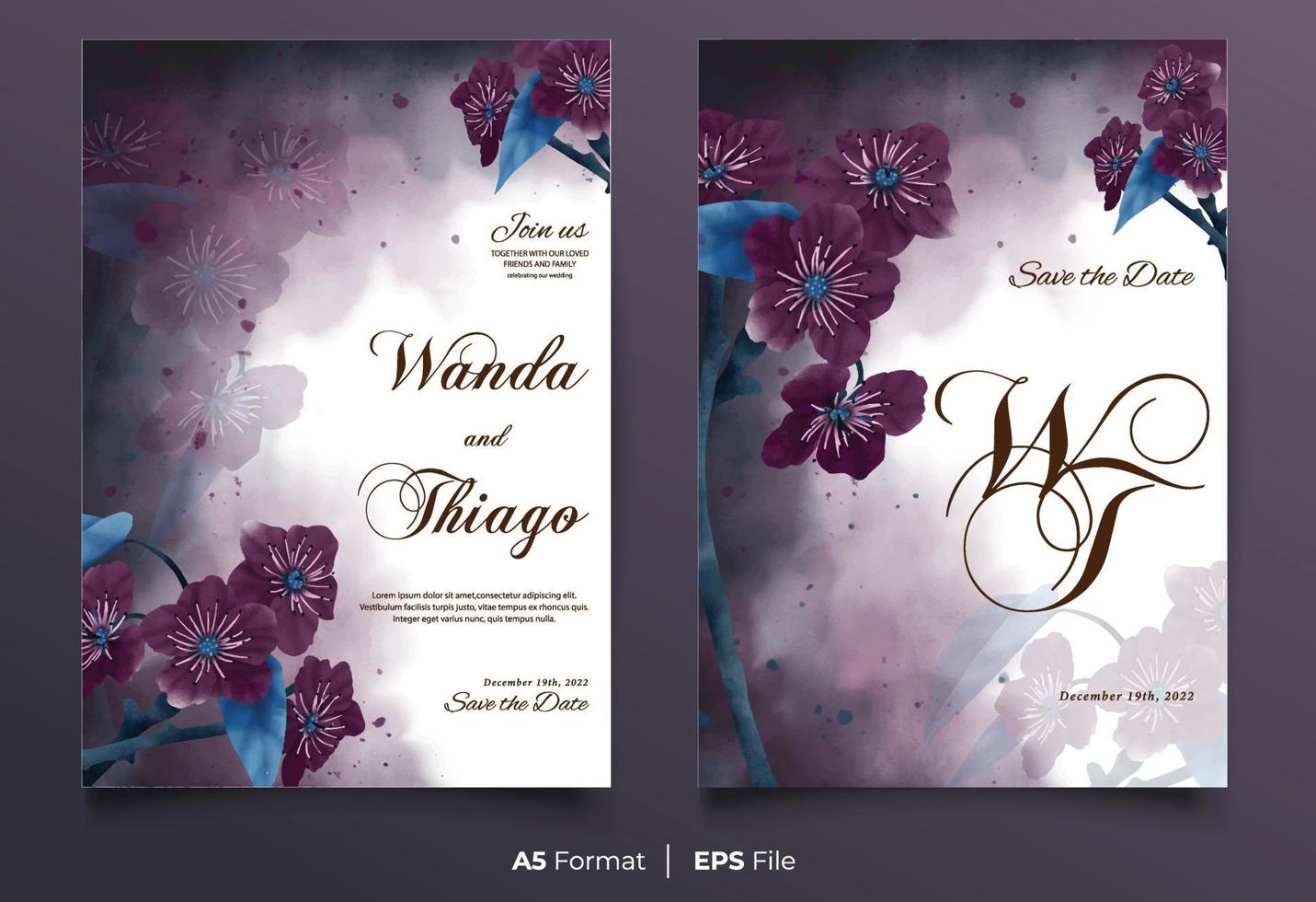 modèle d'invitation de mariage aquarelle avec ornement de fleur violet et bleu foncé vecteur