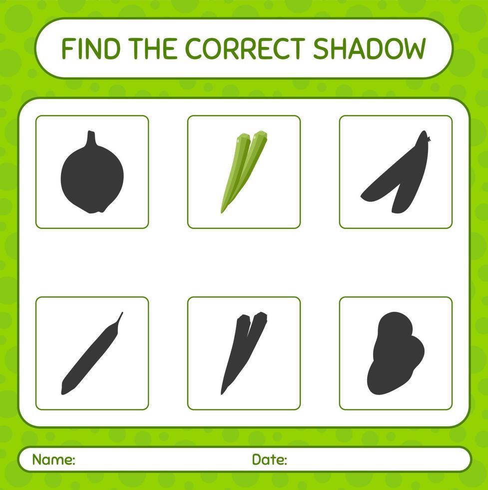 trouver le bon jeu d'ombres avec le gombo. feuille de travail pour les enfants d'âge préscolaire, feuille d'activité pour enfants vecteur