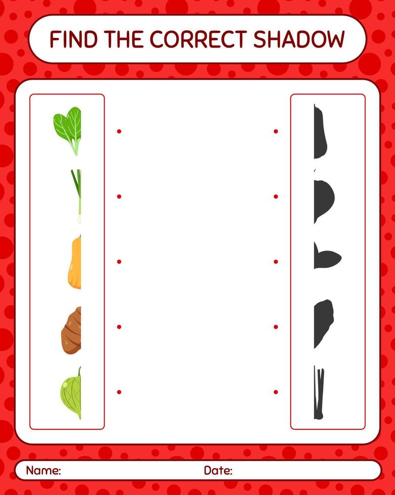 trouver le bon jeu d'ombres avec des légumes. feuille de travail pour les enfants d'âge préscolaire, feuille d'activité pour enfants vecteur