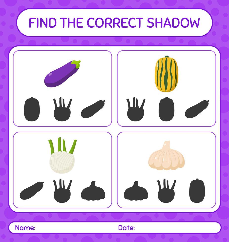 trouver le bon jeu d'ombres avec des légumes. feuille de travail pour les enfants d'âge préscolaire, feuille d'activité pour enfants vecteur
