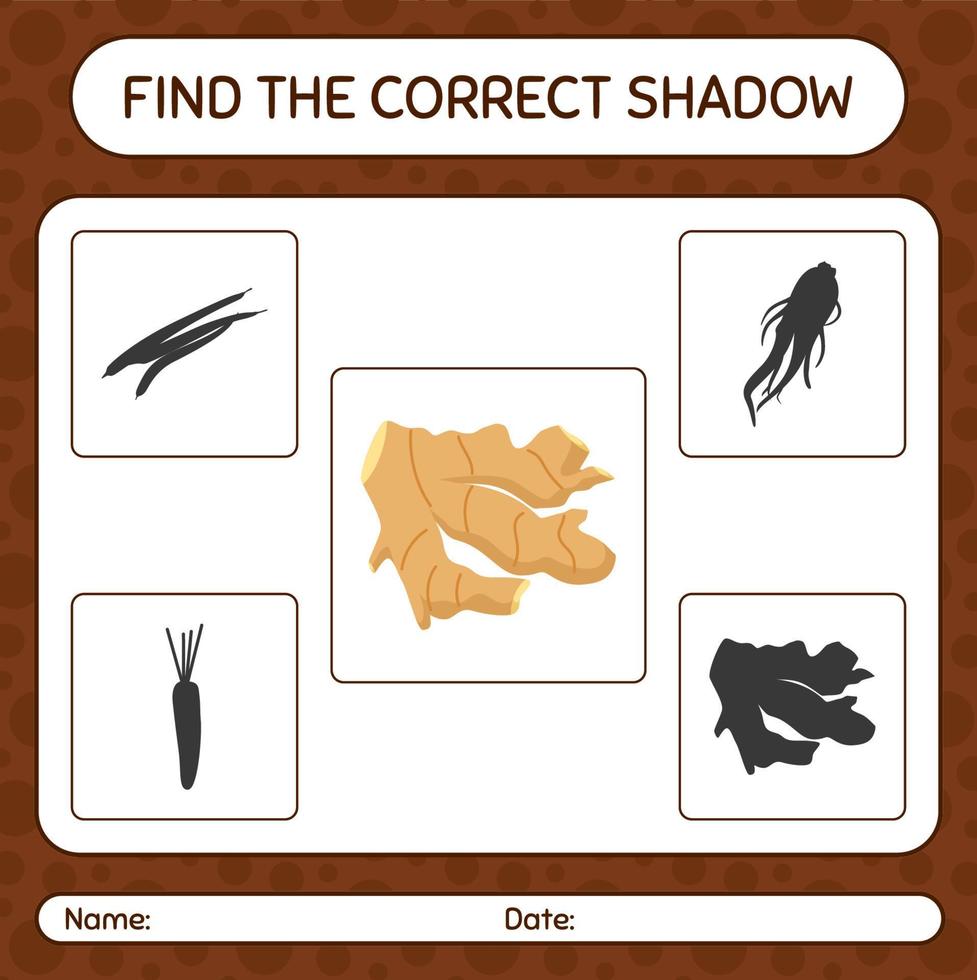 trouver le bon jeu d'ombres avec du gingembre. feuille de travail pour les enfants d'âge préscolaire, feuille d'activité pour enfants vecteur