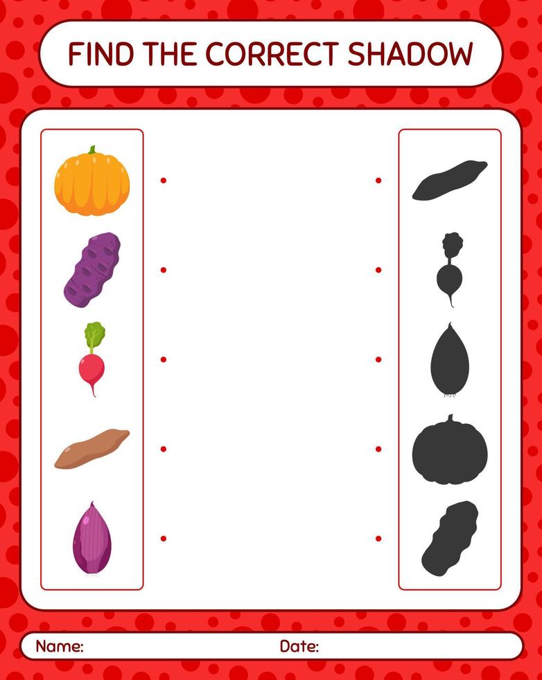 trouver le bon jeu d'ombres avec des légumes. feuille de travail pour les enfants d'âge préscolaire, feuille d'activité pour enfants vecteur