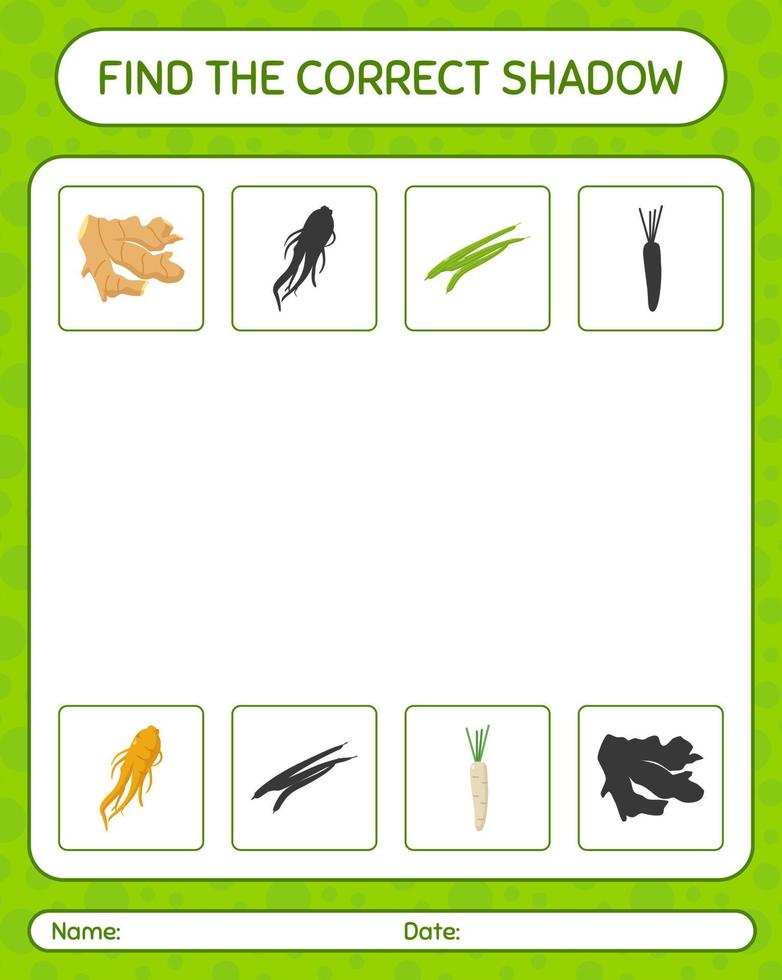 trouver le bon jeu d'ombres avec des légumes. feuille de travail pour les enfants d'âge préscolaire, feuille d'activité pour enfants vecteur