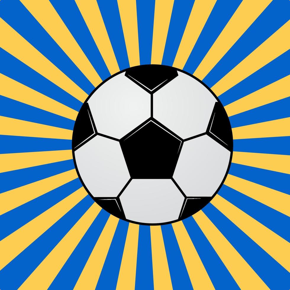 ballon de football sur fond avec bandes concentriques bleues et jaunes. bannière de football dans un style pop art. illustration de vecteur de sport de dessin animé drôle. modèle de conception facile à modifier pour vos œuvres d'art.