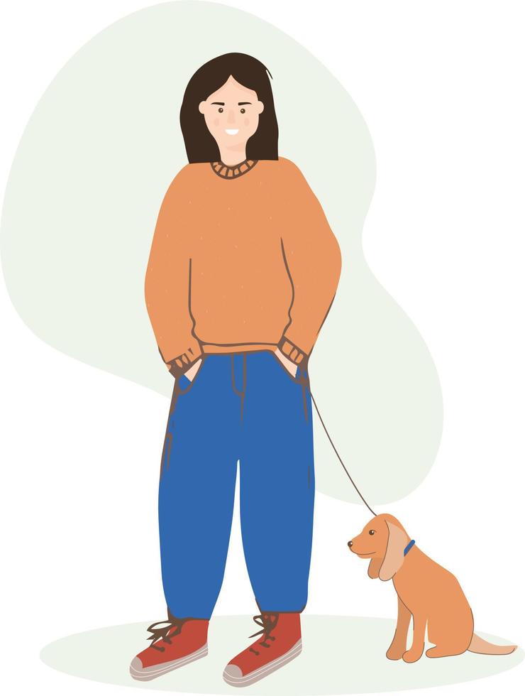 élégante jeune fille en jeans et pull avec un chien en laisse. une promenade avec son animal de compagnie préféré. gentillesse et amour des animaux. vecteur