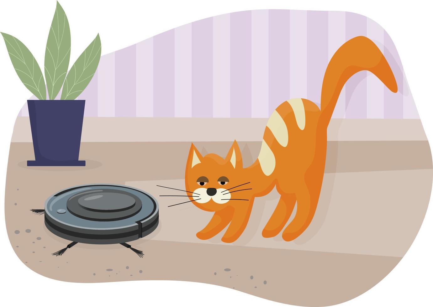 L'aspirateur robot sans fil est une aide indispensable dans la maison. le chat domestique joue avec l'aspirateur. appareils électroménagers intelligents modernes pour le nettoyage de l'appartement vecteur