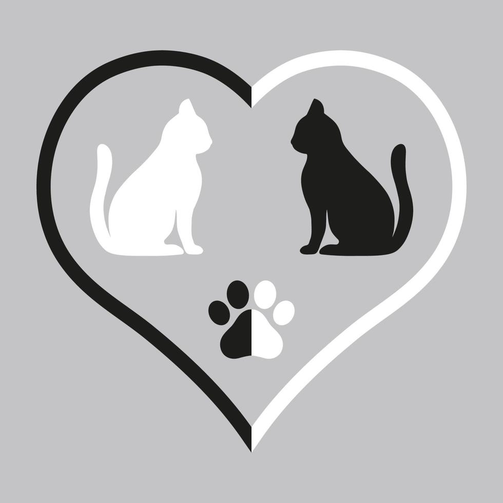 silhouettes de chats en noir et blanc coeur et patte vecteur