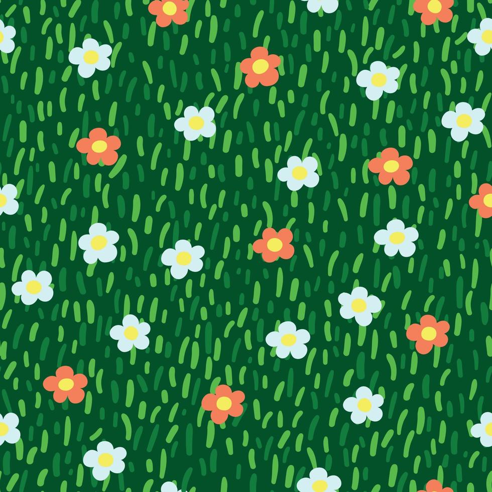 motif vectoriel décoratif avec des fleurs de printemps roses et blanches sur l'herbe des prés