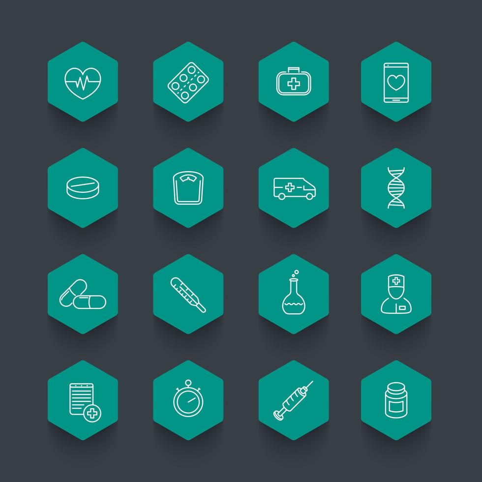 icônes de médecine, soins de santé, pilules, pictogrammes de médicaments, icônes hexagonales de ligne, illustration vectorielle vecteur