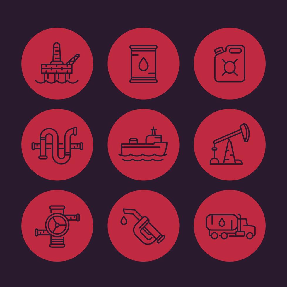 ensemble d'icônes de ligne de l'industrie pétrolière, baril, plate-forme de production de pétrole et de gaz, plate-forme, derrick, navire-citerne, buse d'essence, bidon d'essence vecteur
