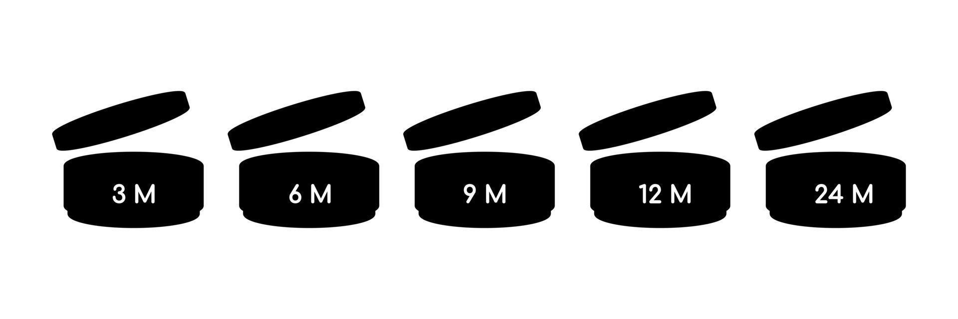 période après l'ouverture des icônes de la ligne pao de l'étagère de la vie cosmétique ouverte du mois. mois de période d'expiration du symbole défini. illustration vectorielle vecteur