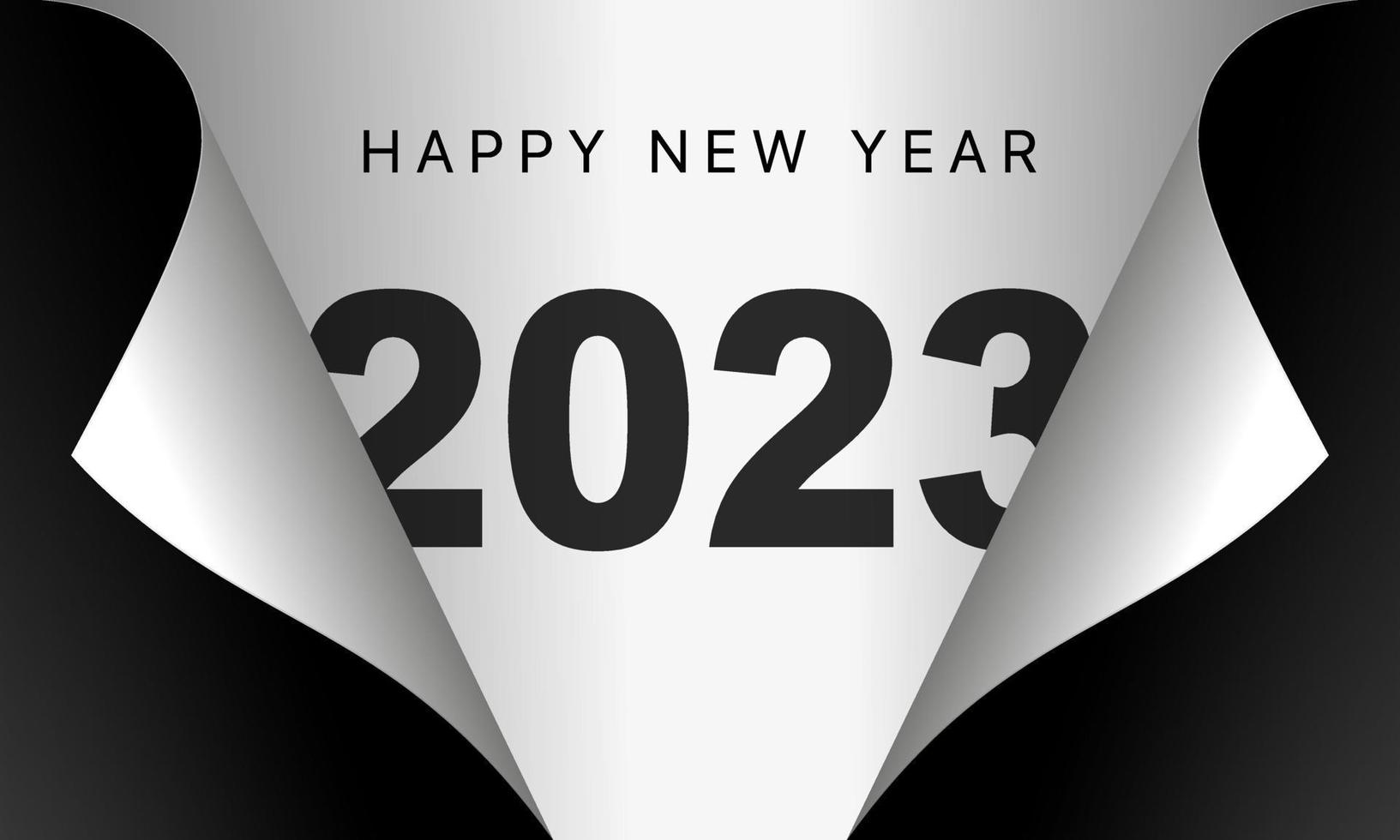 bonne année 2023. accrocher des numéros 3d dorés avec des rubans et des confettis sur un arrière-plan bokeh coloré et défocalisé. vecteur