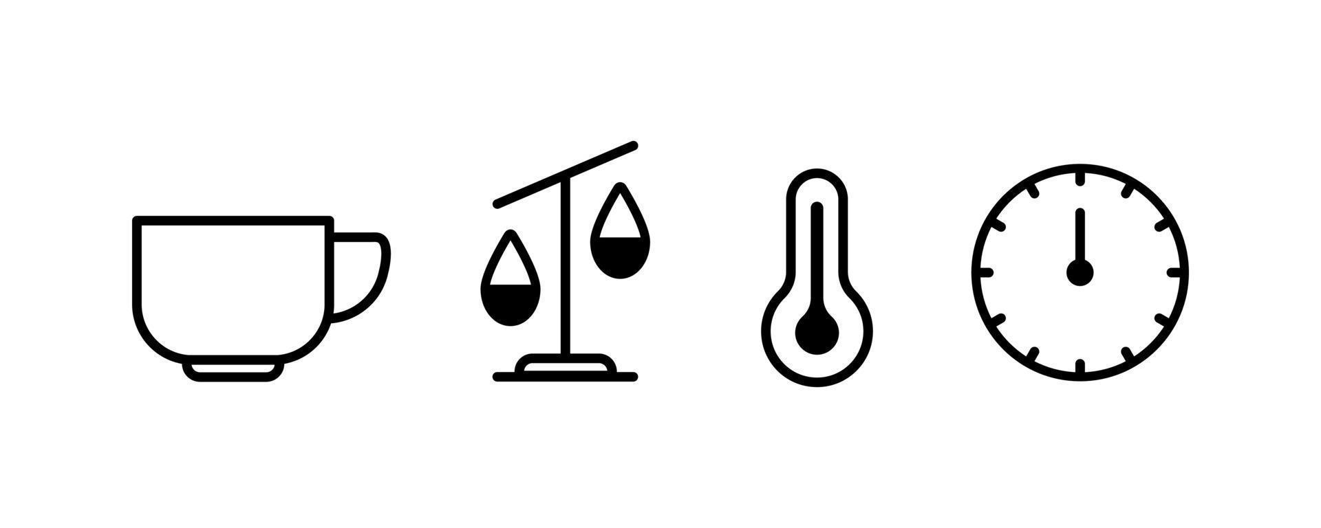 concept d'icône de ligne de recette de thé et de café. instruction d'infusion de boissons chaudes. tasse, temps, température, symboles d'échelles. illustration vectorielle vecteur
