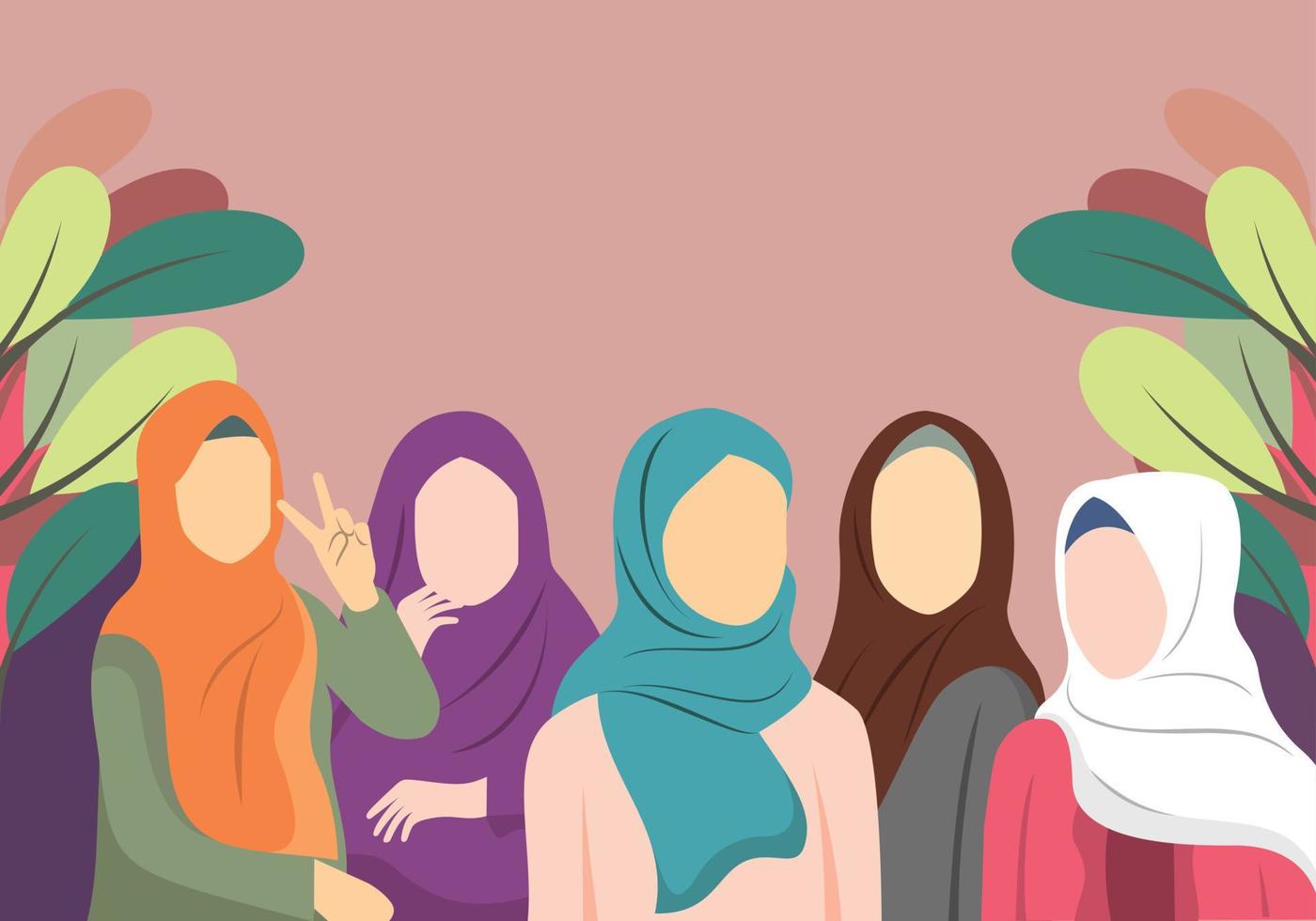 hijab femme avec des amis design plat vecteur et illustration