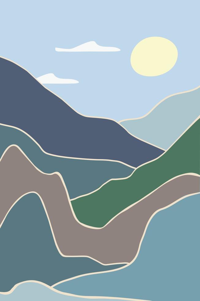 paysage minimaliste. lever et coucher du soleil dans les montagnes. lignes abstraites. style de mosaïque simple vecteur