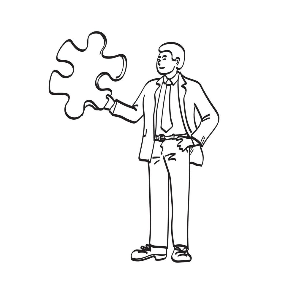 dessin au trait pleine longueur d'homme d'affaires tenant un vecteur d'illustration de puzzle dessiné à la main isolé sur fond blanc. concept de travail d'équipe d'entreprise.