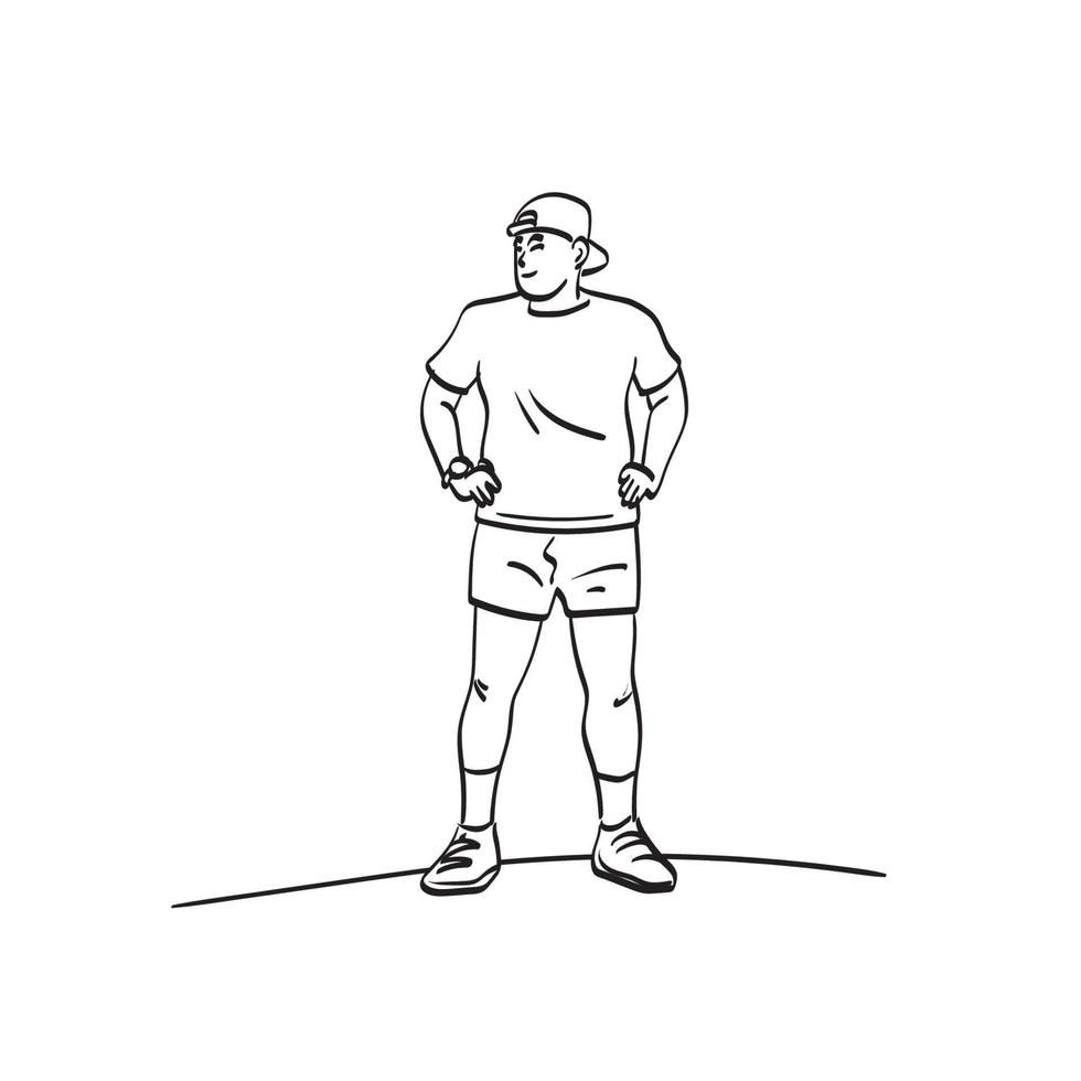 dessin au trait pleine longueur coureur masculin debout avec une casquette sur la tête illustration vecteur dessiné à la main isolé sur fond blanc