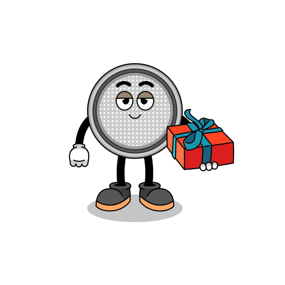 illustration de mascotte de pile bouton donnant un cadeau vecteur