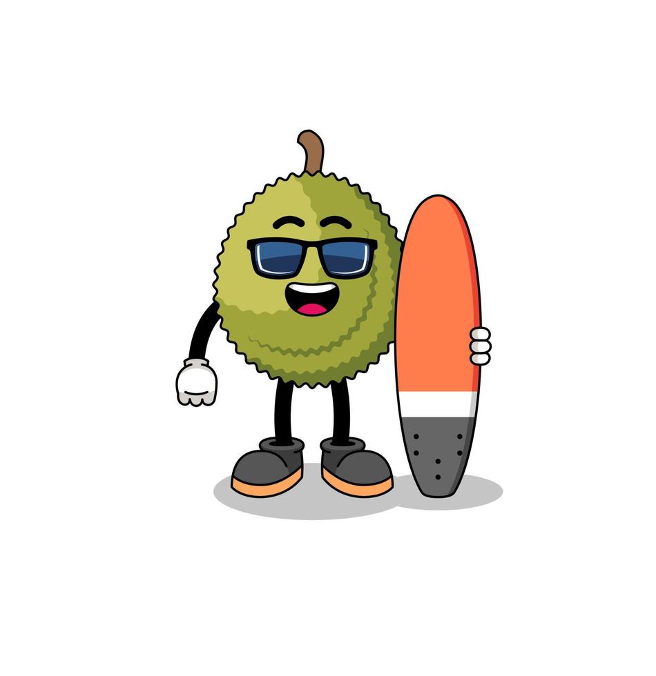 caricature de mascotte de fruit durian en tant que surfeur vecteur