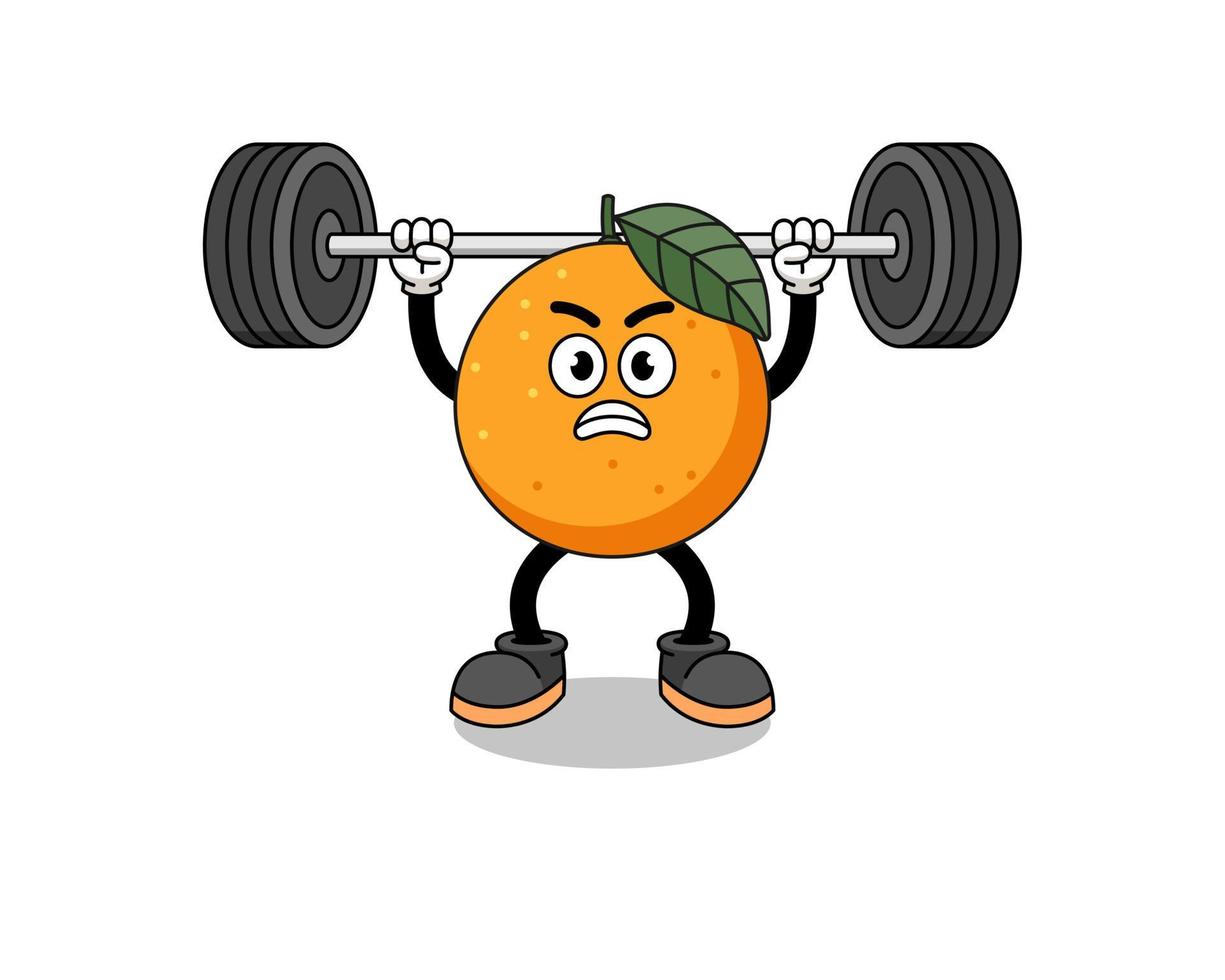 caricature de mascotte de fruit orange soulevant une barre vecteur