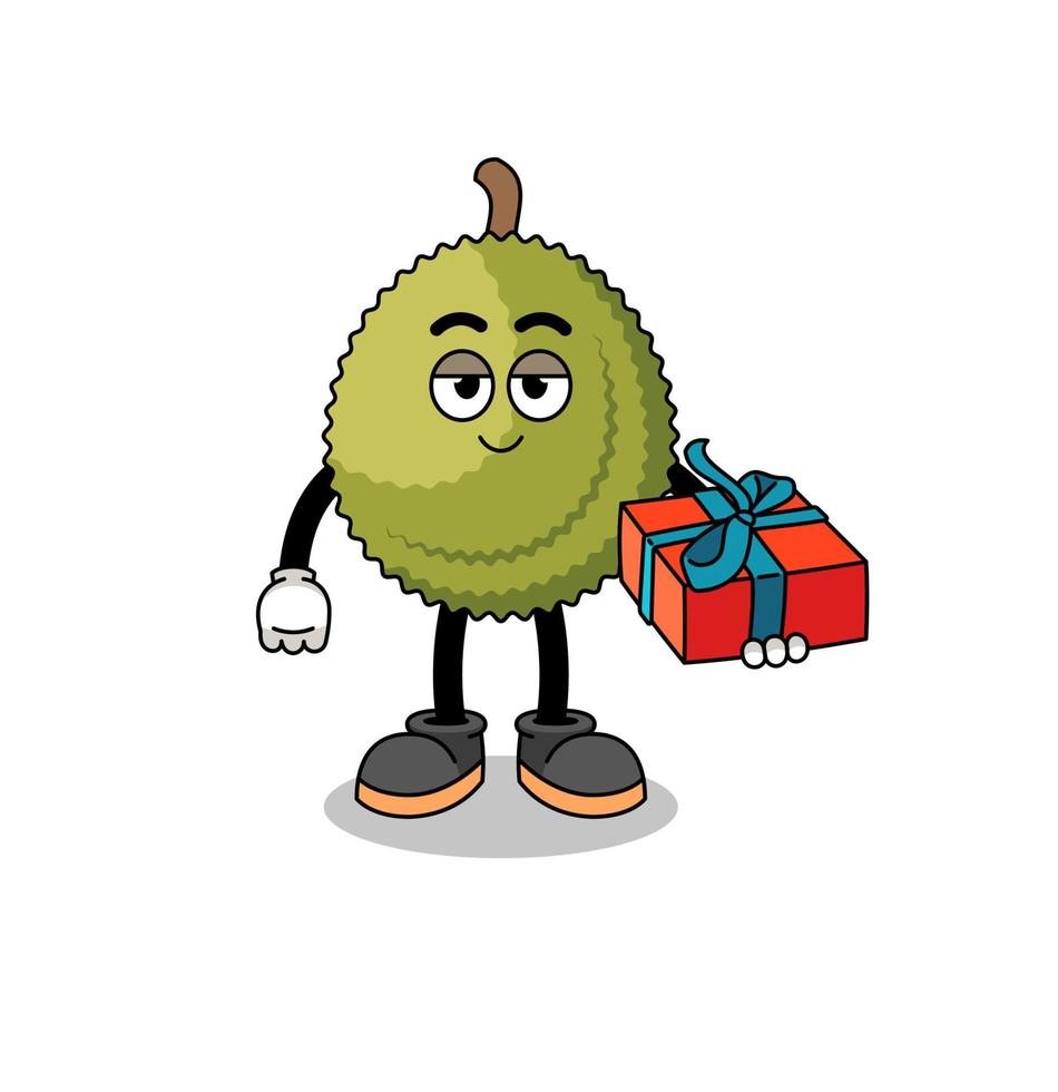 illustration de mascotte de fruits durian donnant un cadeau vecteur