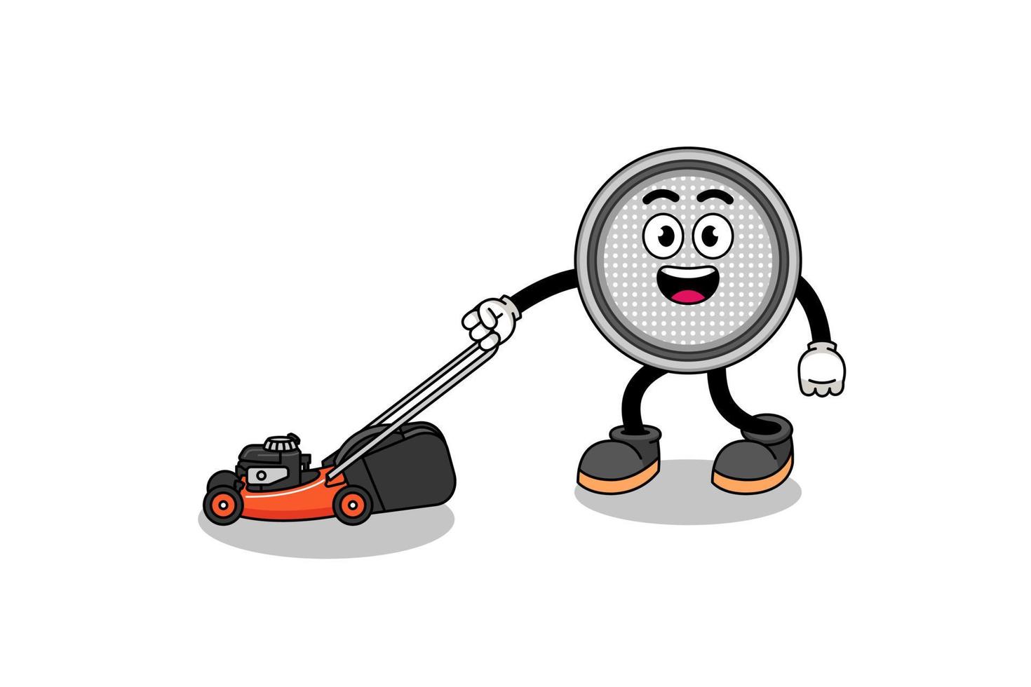 illustration de pile bouton dessin animé tenant une tondeuse à gazon vecteur