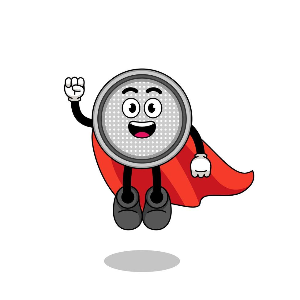dessin animé de pile bouton avec super-héros volant vecteur