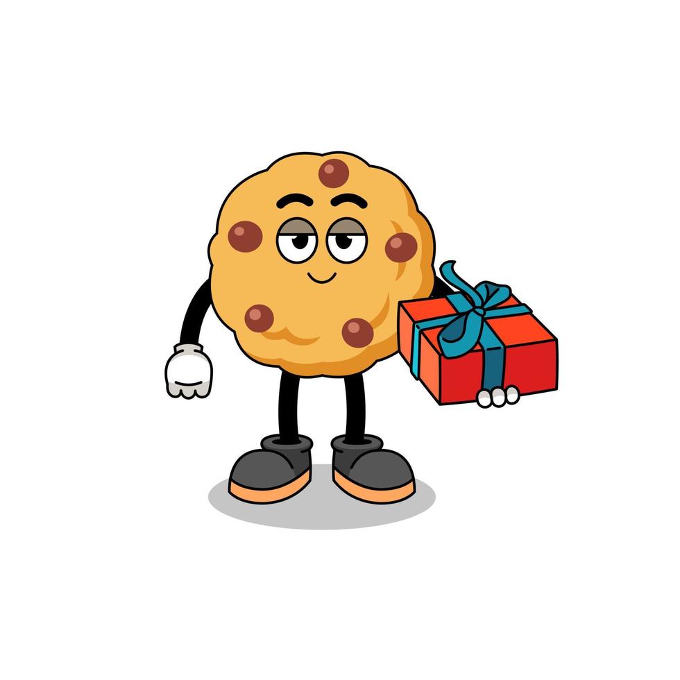 illustration de mascotte de cookie aux pépites de chocolat offrant un cadeau vecteur