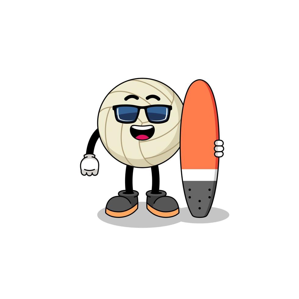 caricature de mascotte de volley-ball en tant que surfeur vecteur