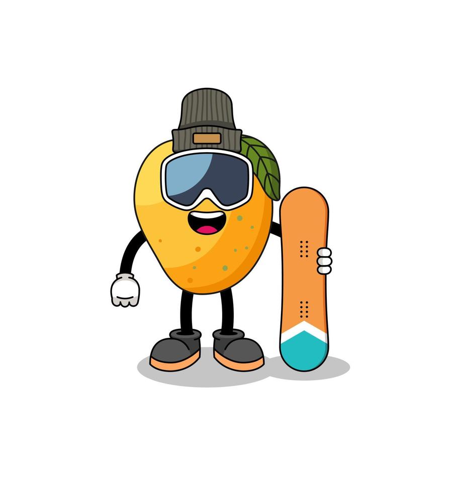 mascotte, dessin animé, de, mangue, fruit, snowboard, joueur vecteur