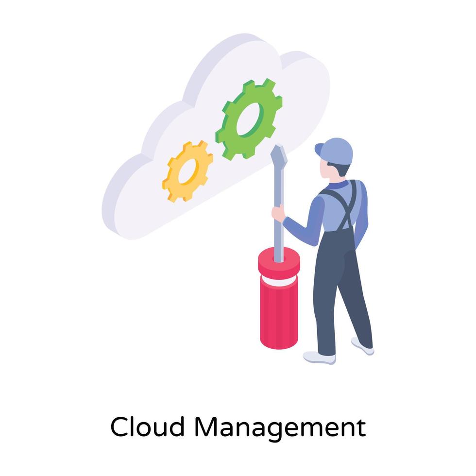 engrenages dans le cloud, icône isométrique de la gestion du cloud vecteur