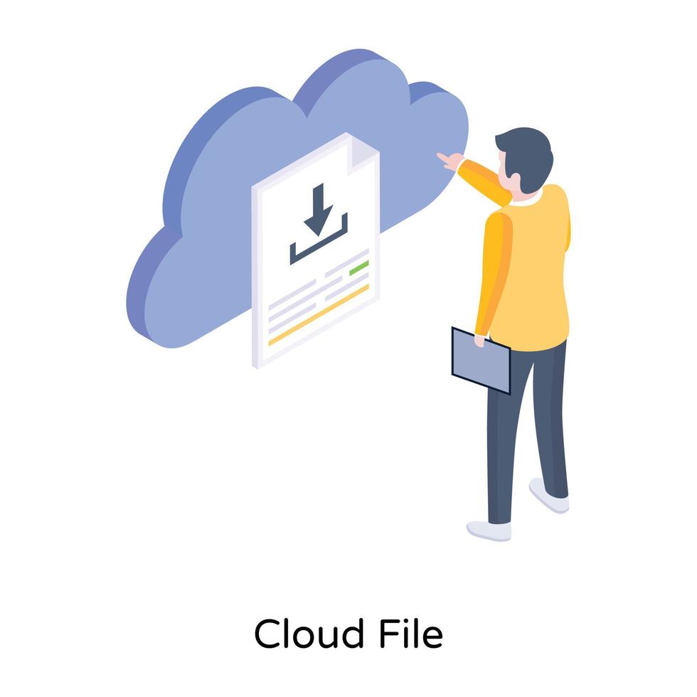 téléchargement de fichier via le cloud, icône isométrique du fichier cloud vecteur