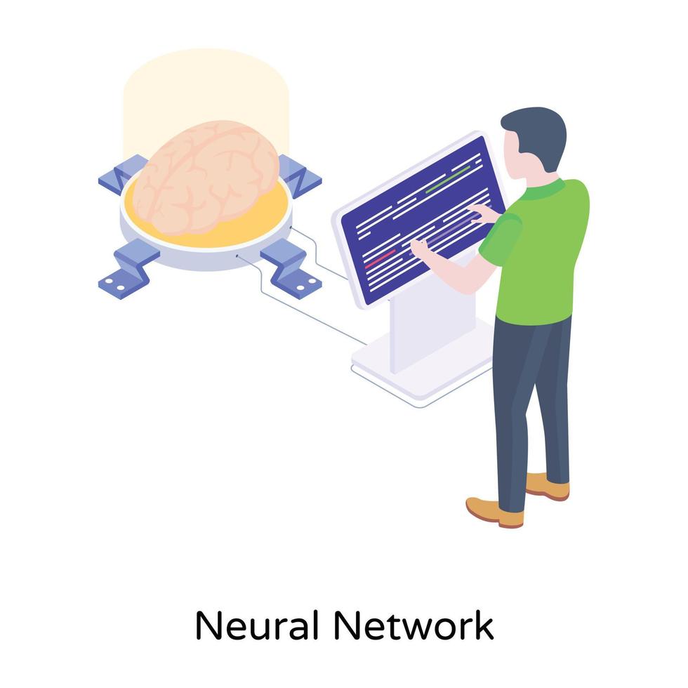 personne travaillant avec un cerveau artificiel, une icône isométrique du réseau neuronal vecteur