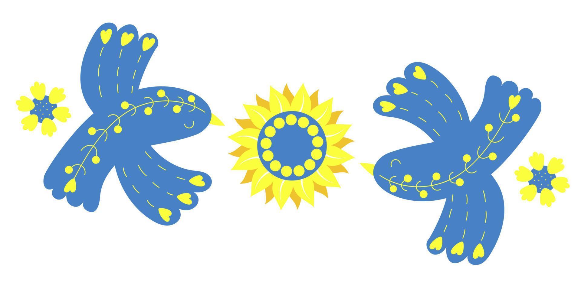 paire d'oiseaux décoratifs jaune-bleu volants près du tournesol. illustration vectorielle. couleur du drapeau ukrainien. carte postale horizontale sur fond blanc pour la décoration, la conception, l'impression vecteur