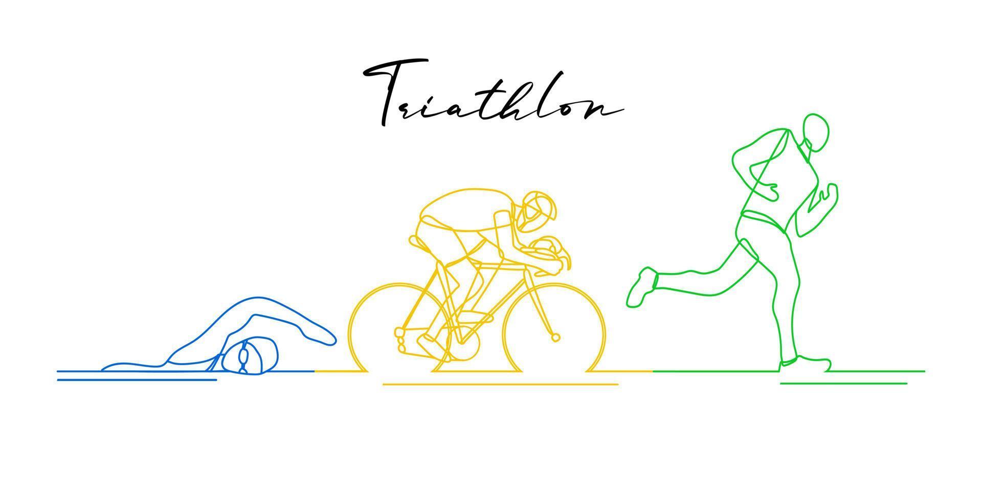 triathlon. athlètes linéaires dessinés à la main. compétition de natation, de cyclisme et de course à pied vecteur