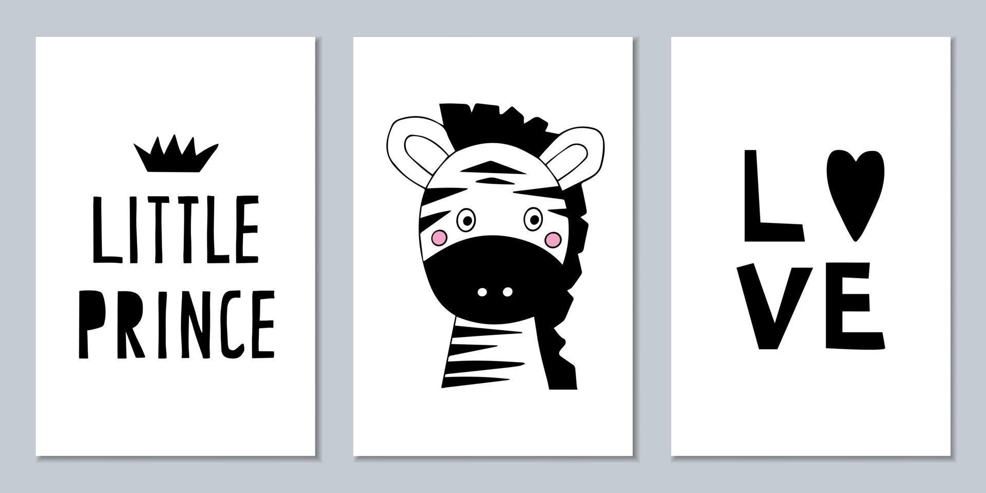 ensemble d'affiches monochromes scandinaves avec des animaux et des légendes. déco murale noir et blanc pour décorer une chambre d'enfant vecteur