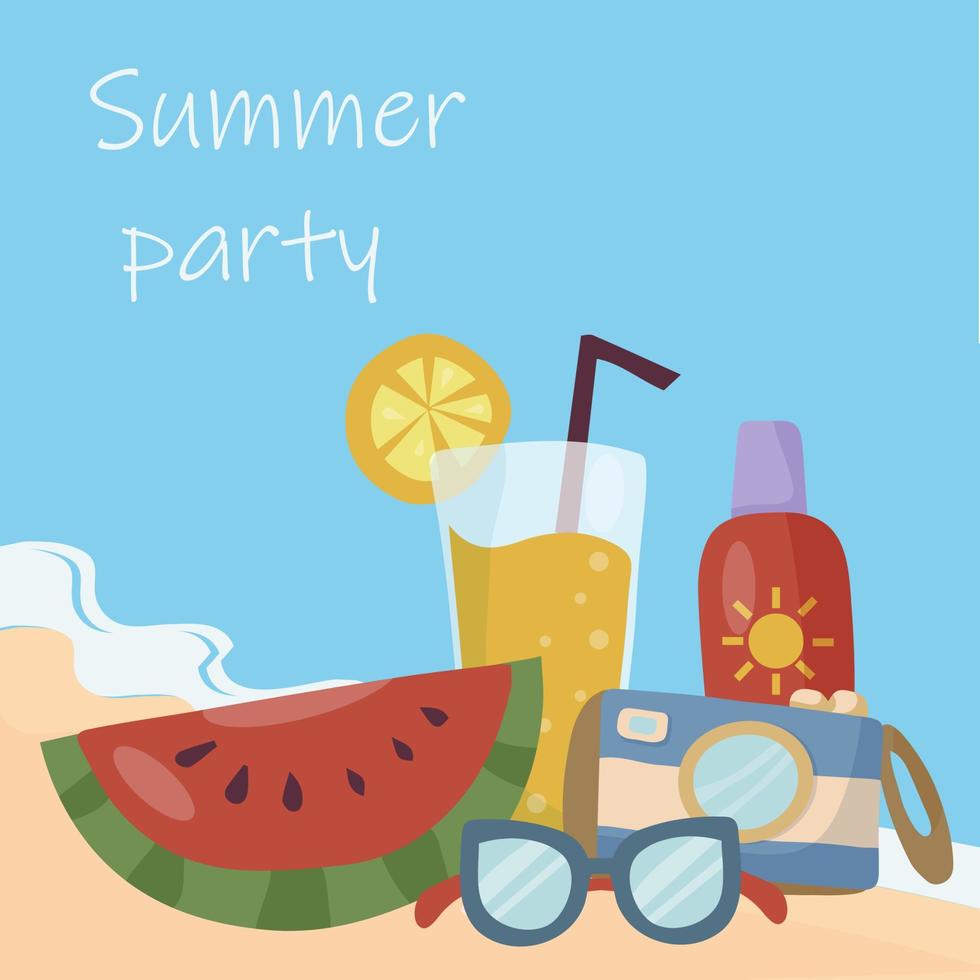 profiter de l'heure d'été. articles et accessoires de vacances. cocktail, pastèque, crème, lunettes de soleil allongées sur la plage, la mer ou l'océan. vecteur