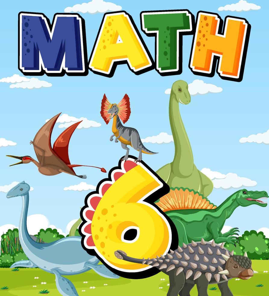 six dinosaures avec dessin animé numéro six vecteur