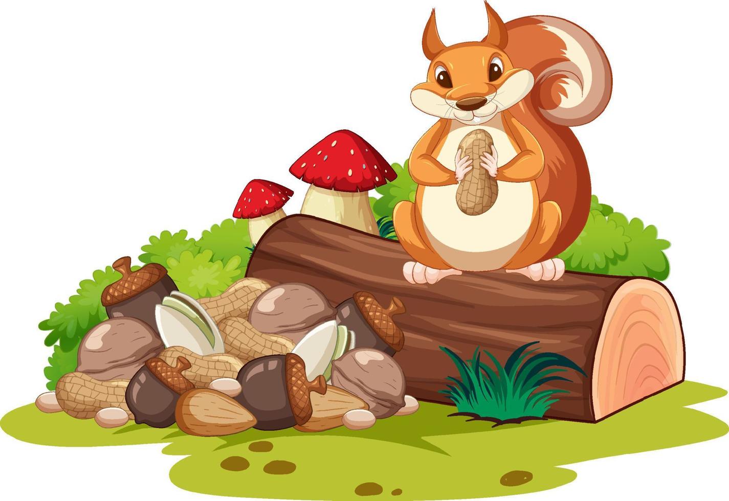écureuil mignon mangeant des noix sur la bûche vecteur