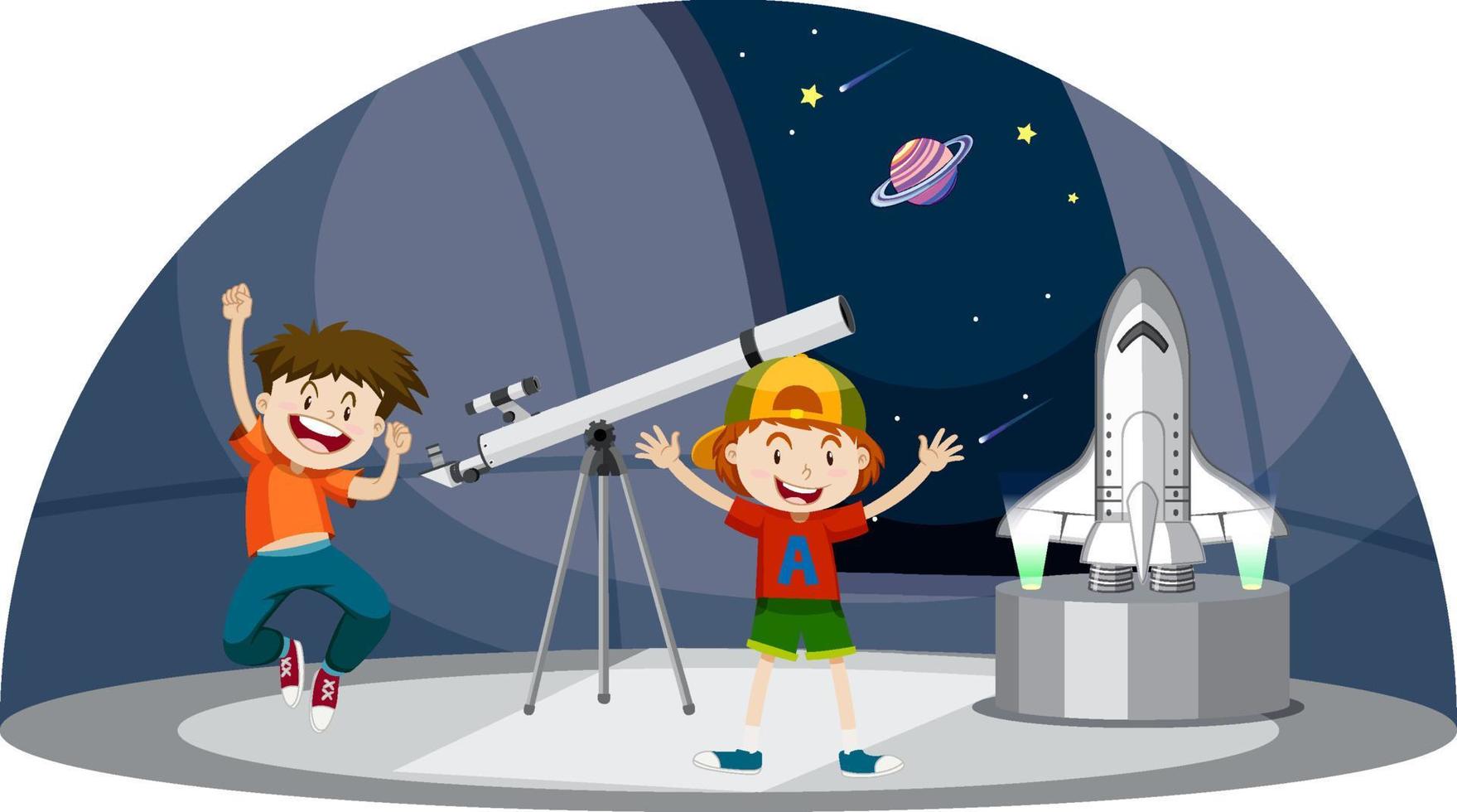 thème de l'astronomie avec deux garçons et télescope vecteur