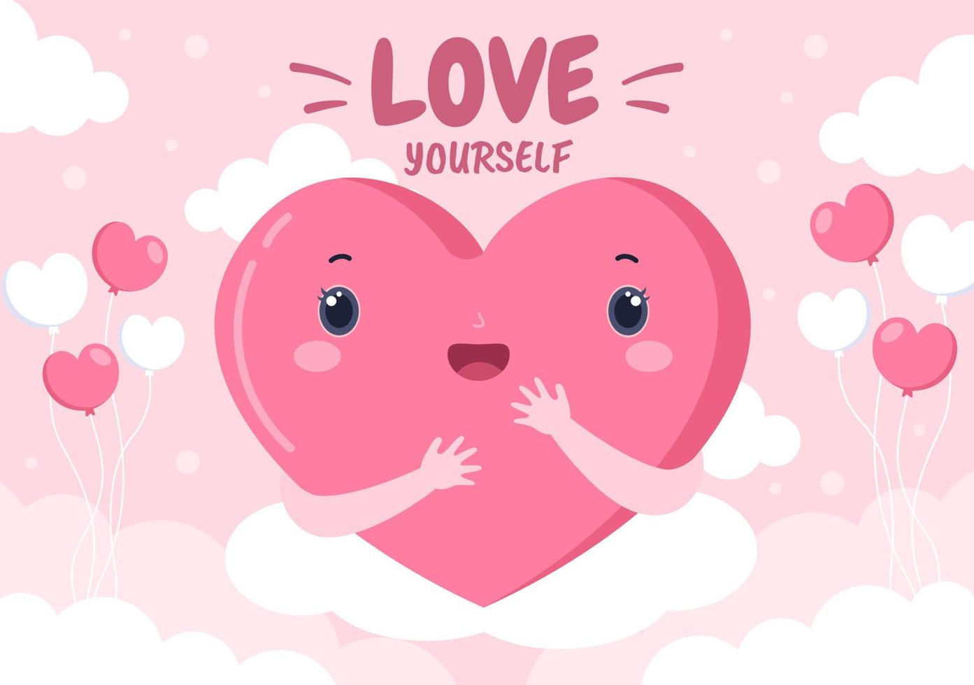 amour signe vecteur dessin animé fond illustration pour prendre soin de soi, valentines ou vous-même icône dans différentes actions de bonheur pour affiche