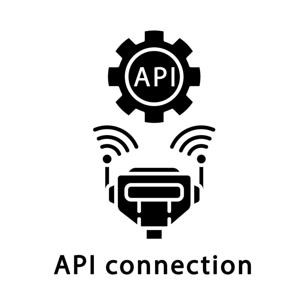 icône de glyphe de connexion api. Interface de programmation d'applications. robot de communication sans fil. cyborg avec télécommande et réglages. symbole de la silhouette. espace négatif. illustration vectorielle isolée vecteur