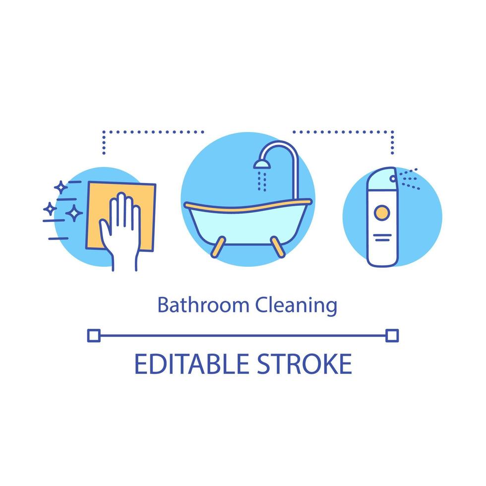 icône de concept de nettoyage de salle de bain. illustration de la ligne mince de l'idée de nettoyage à la maison. bain et lavage des toilettes. laver, essuyer, épousseter. désencombrement. dessin de contour isolé de vecteur. trait modifiable.. vecteur