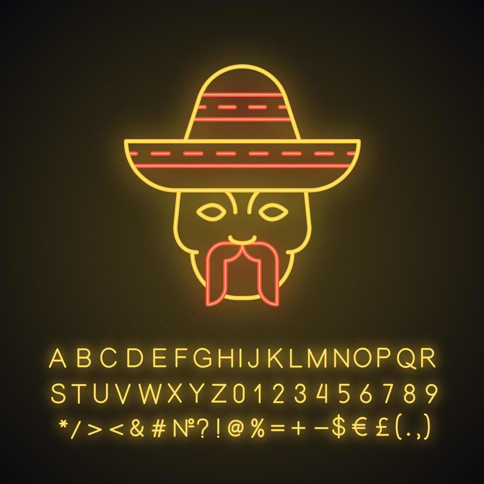 tête avec icône de néon moustache et sombrero. macho. homme mexicain traditionnel. signe lumineux avec alphabet, chiffres et symboles. illustration vectorielle isolée vecteur