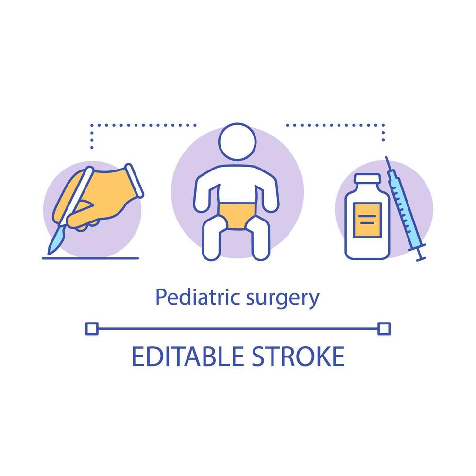 icône de concept de chirurgie pédiatrique. ambulance bébé. enfant malade à l'hôpital. illustration de ligne mince d'idée de service d'urgence de clinique pédiatrique. dessin de contour isolé de vecteur. trait modifiable vecteur