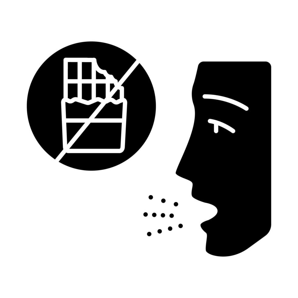 icône de glyphe d'allergie alimentaire. allergènes du chocolat. interdiction de manger des sucreries. régime diabétique. maladie allergique. intolérance alimentaire. symbole de la silhouette. espace négatif. illustration vectorielle isolée vecteur